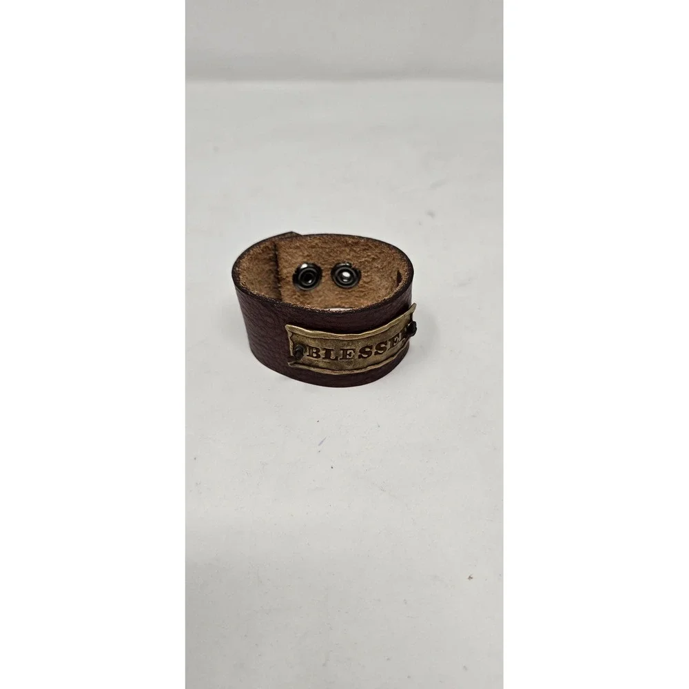 Annie Parker Jewelery bronze leather blessed religion‎ cuff bracelet punk rugged